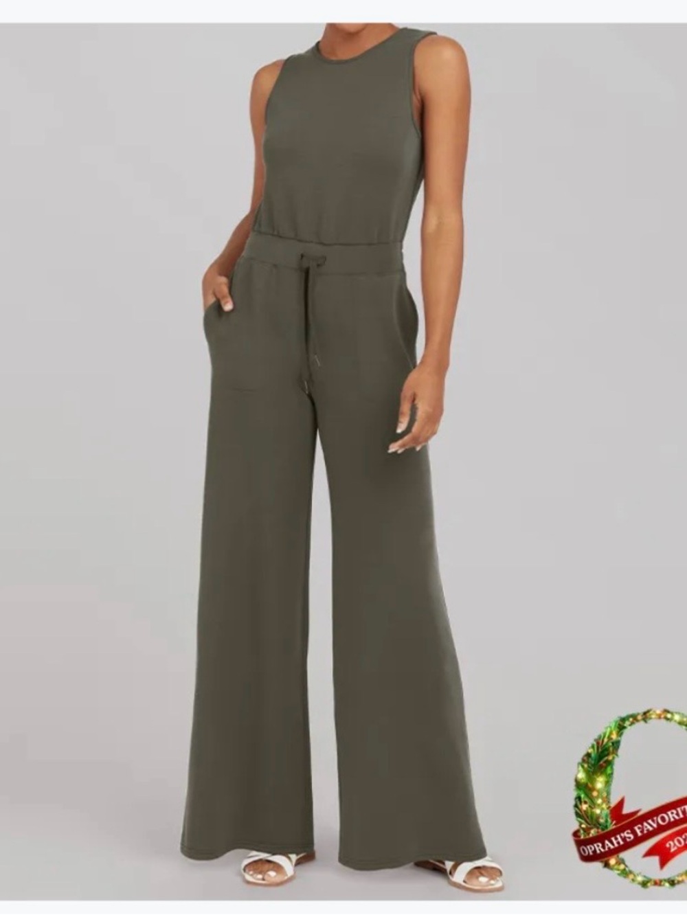 🆕 Sleeveless Olive Green Drawstring Jumpsuit with Pockets - NWOT